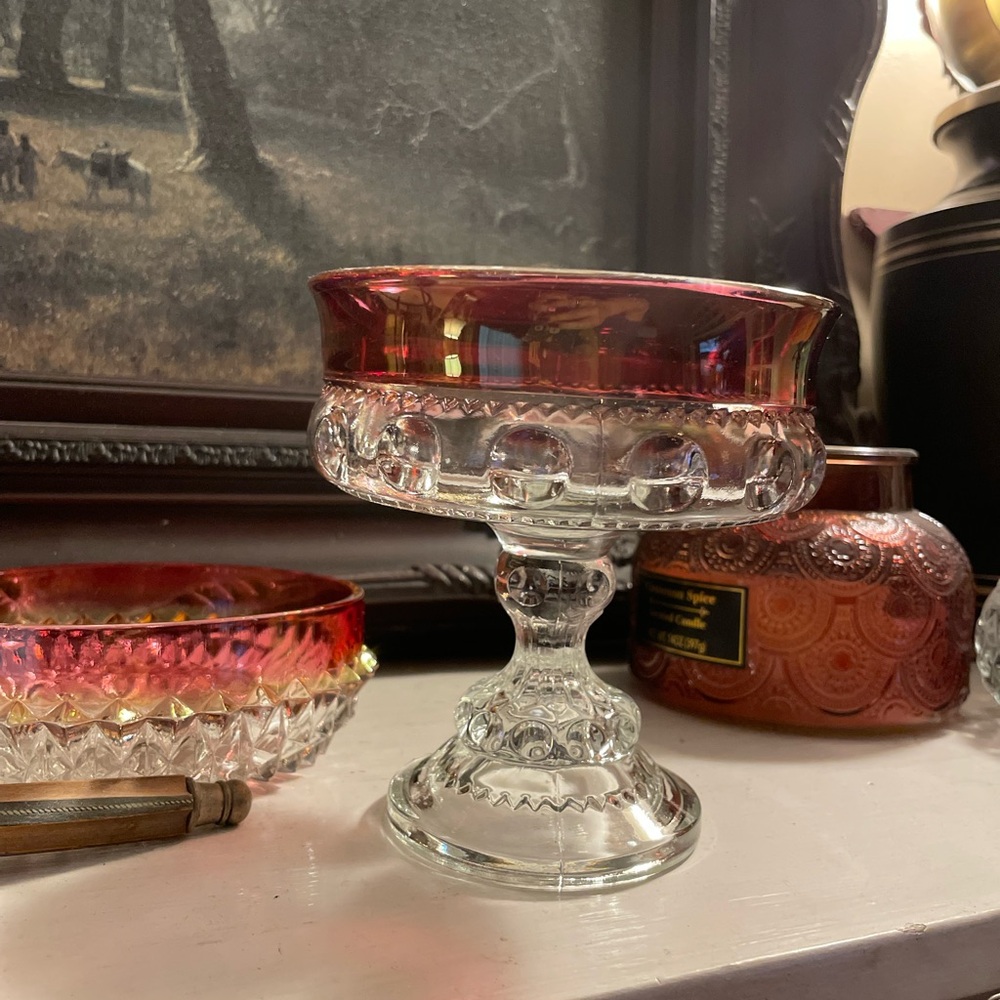 Vintage Indiana Glass Kings Crown Thumbprint Ruby Flash Glass Pedestal Compote - Picture 5 of 5